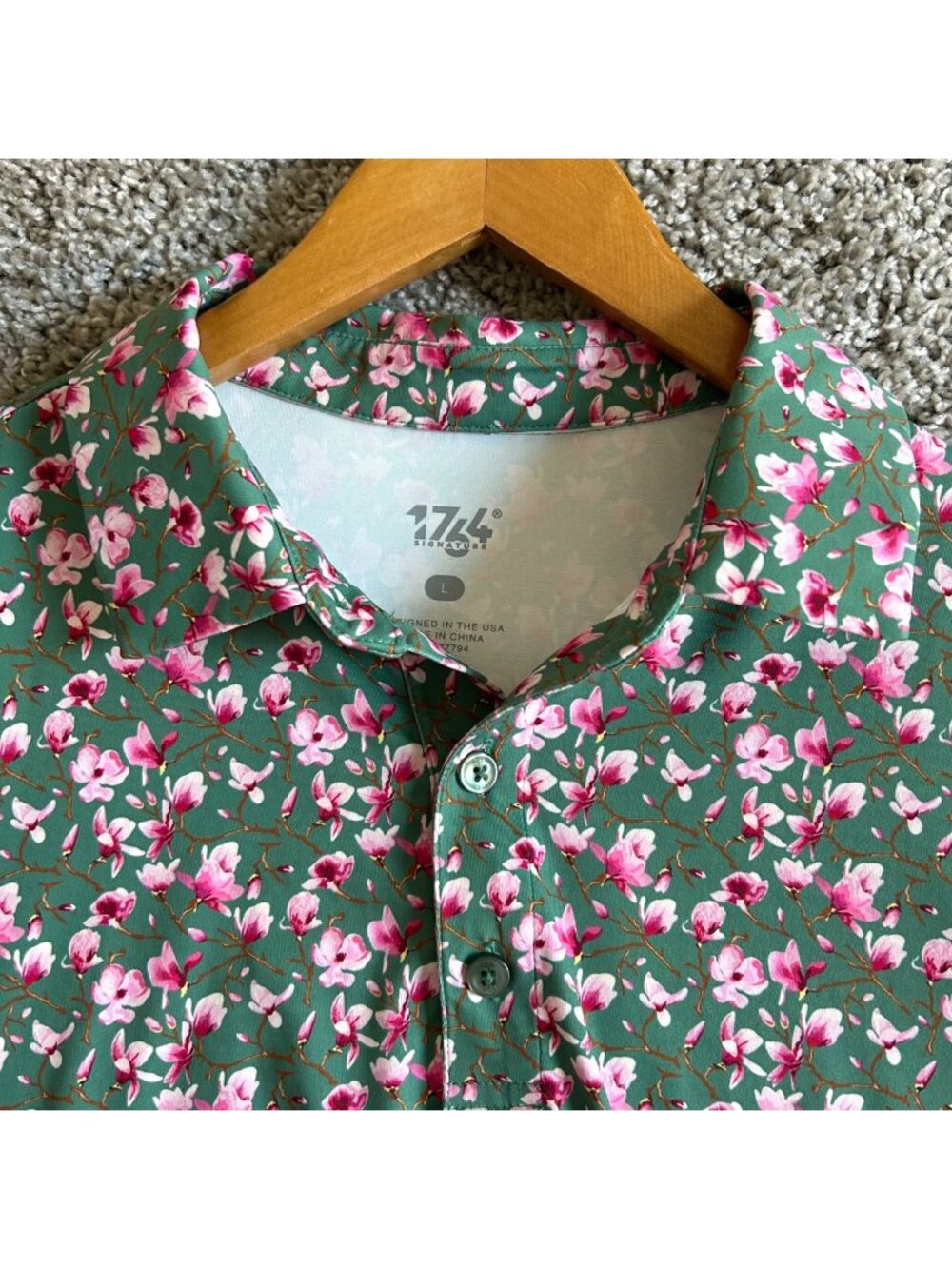 1764 Signature Men's Sz Laege Floral Polo Shirt Green Pink Lightweight Stretchy